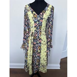 ModCloth Unique Persona Dragonfly Floral 70's Midi Dress Yellow V neck Size 8